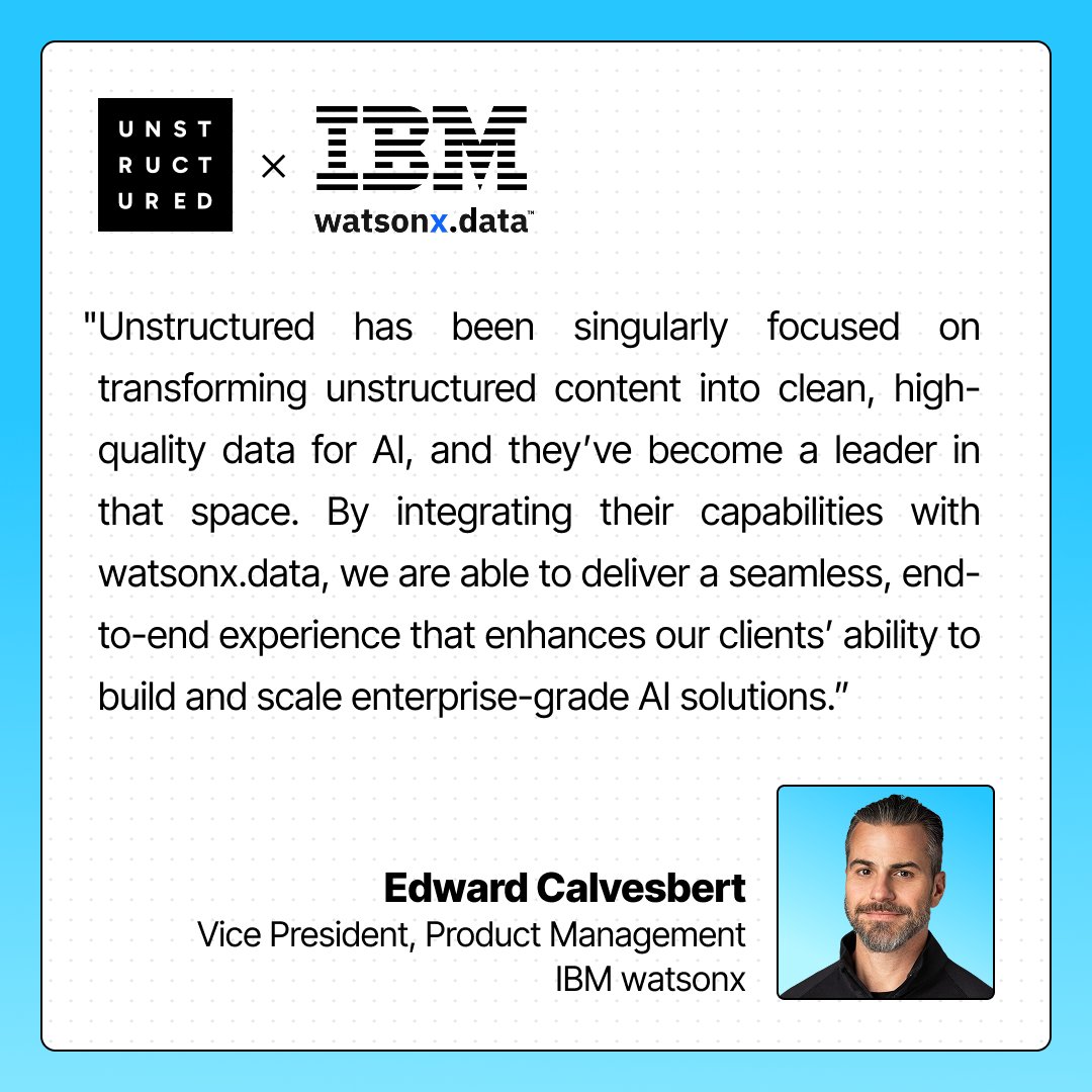 UnstructuredIO's tweet image. Big news! @IBM + Unstructured.

Together, we’re transforming unstructured data into AI-ready fuel for watsonx.data and help enterprises scale reliable, secure, production-grade AI faster than ever.

Learn more: ibm.com/new/announceme…

#IBM #watsonx #Unstructured…