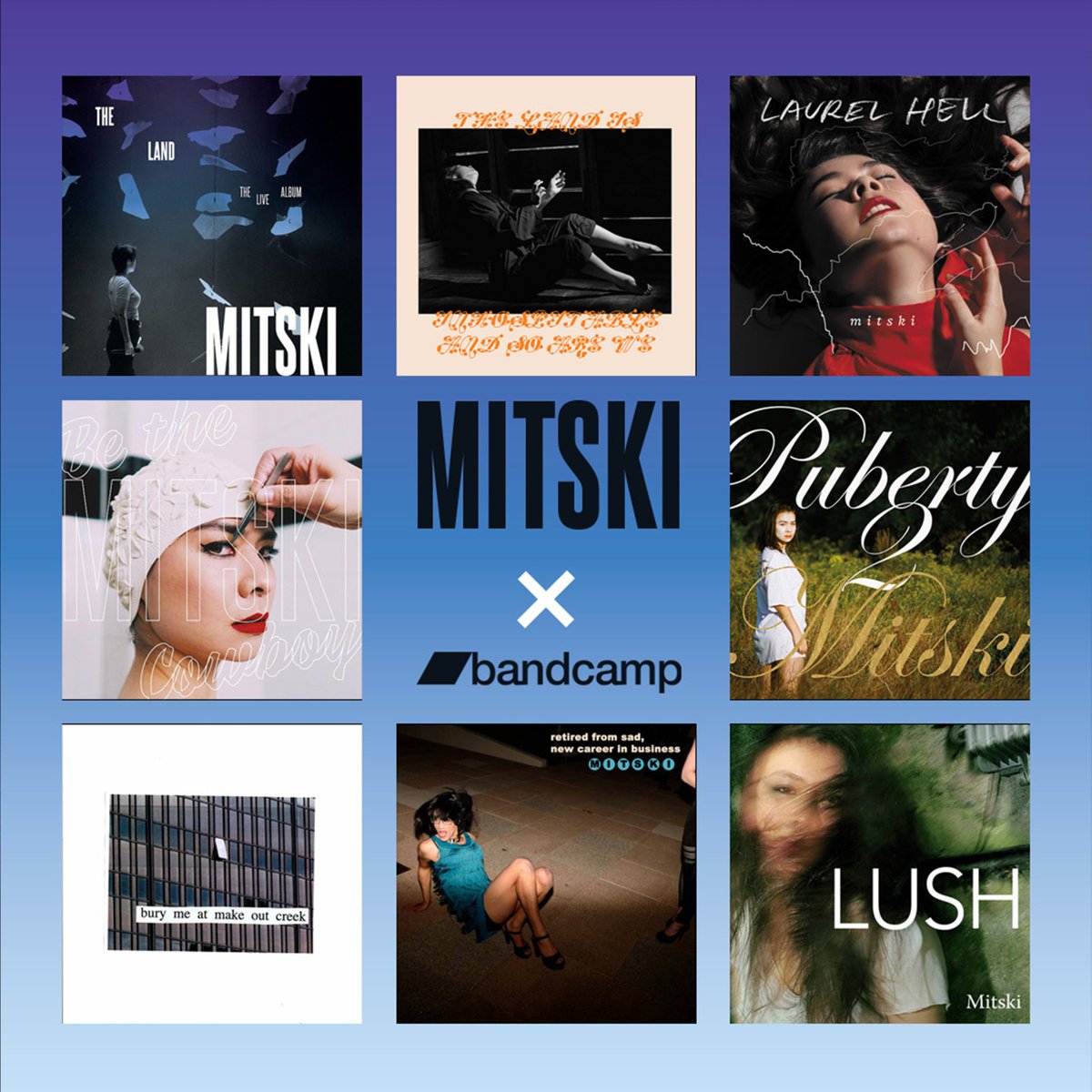 The Land: The Live Album

Available now digitally and for pre-order on limited blue light vinyl, exclusively on Bandcamp at mitski.bandcamp.com

Mitski’s entire digital catalog on Bandcamp is now Name Your Price until Oct 19 at 12am ET with proceeds supporting Direct Relief.