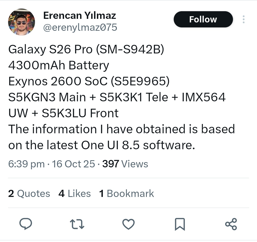 tarunvats33's tweet image. Breaking ‼️

Galaxy S26 Pro camera details just leaked via S26 firmware — and guess what? Same sensors as S25, S24, S23, and even S22 😭

The best part? It’s running Exynos again — my least favorite tradition continues 💀