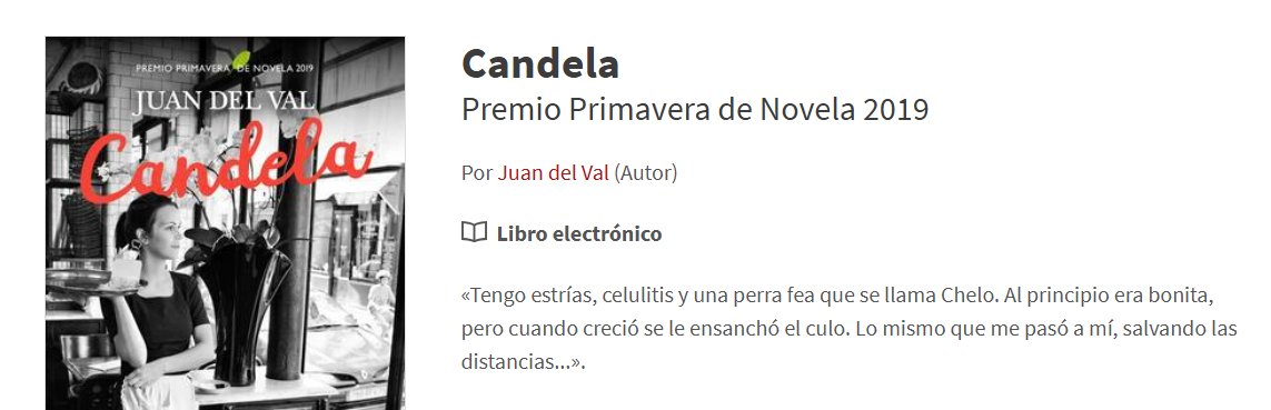 Koldo CF (@koldo_cf) on Twitter photo Ojo que el amigo Juan del Val también ganó el Premio Primavera de Novela por una cosa llamada "Candela". Tiene una primera frase a la altura de "Cien años de soledad", de "Rayuela" o de "El túnel" Ojo que el amigo Juan del Val también ganó el Premio Primavera de Novela por una cosa llamada "Candela". Tiene una primera frase a la altura de "Cien años de soledad", de "Rayuela" o de "El túnel"