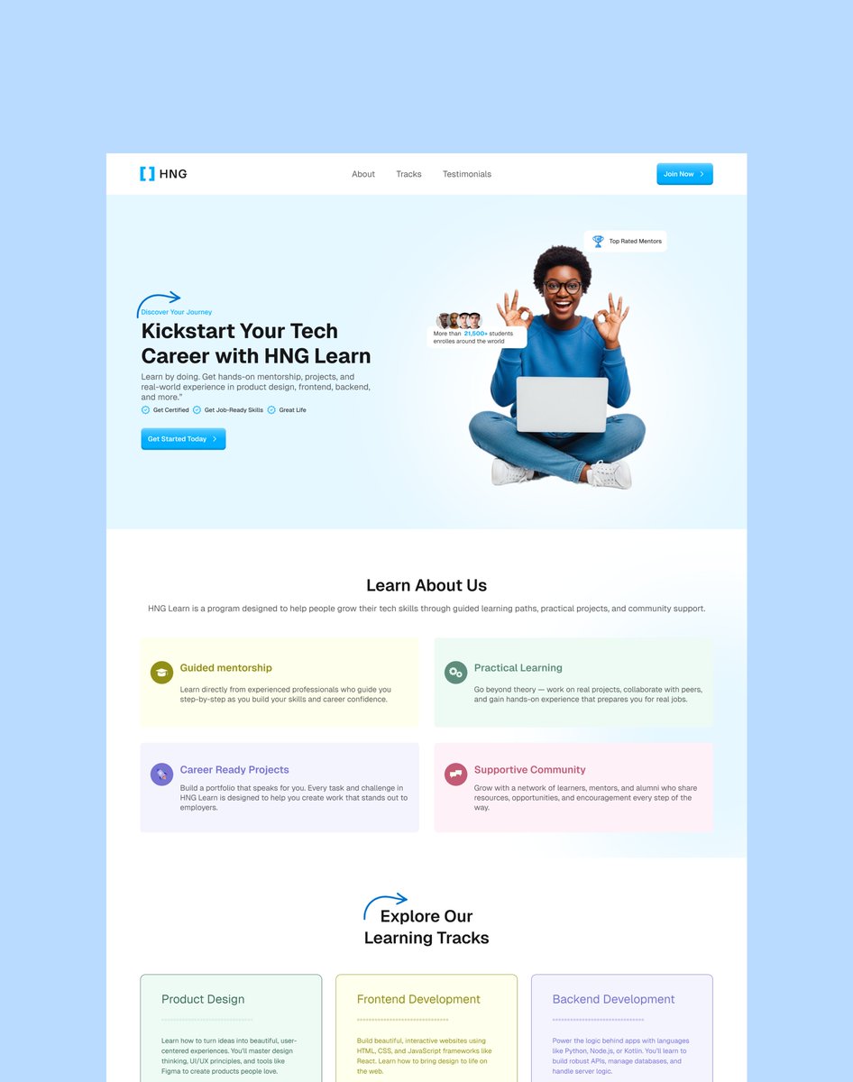 kantemonsiere's tweet image. My HNG task 0 submission. We were tasked to create a landing page for HNG learn, and here&apos;s what I came up with. What do you think?
#hng #hnginternship