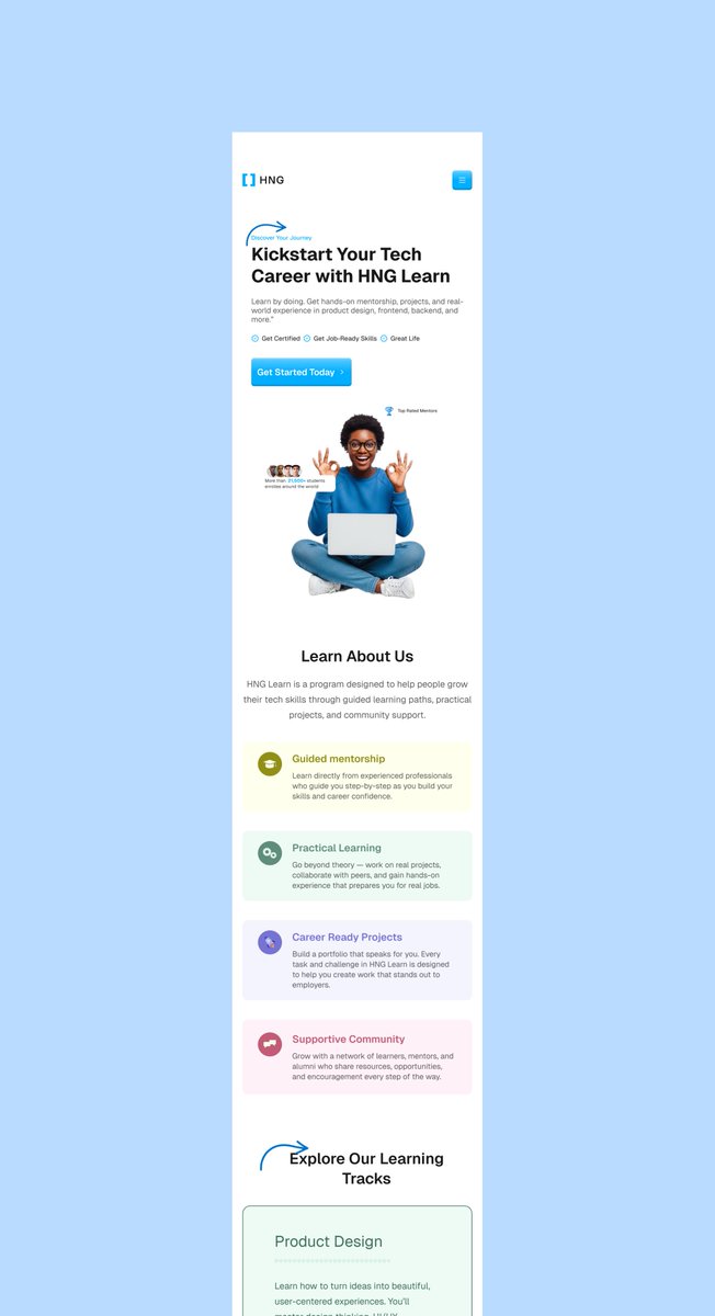 kantemonsiere's tweet image. My HNG task 0 submission. We were tasked to create a landing page for HNG learn, and here&apos;s what I came up with. What do you think?
#hng #hnginternship