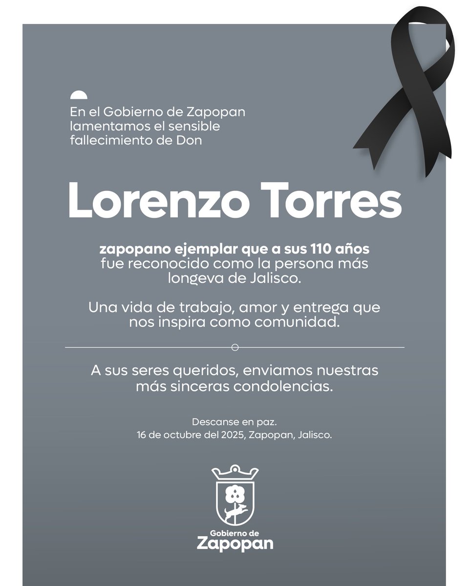 ZapopanGob's tweet image. Desde el Gobierno de Zapopan lamentamos el fallecimiento de don Lorenzo Torres, zapopano ejemplar que en días pasados fue reconocido como la persona más longeva de Jalisco. 

A su familia les deseamos una pronta resignación en estos momentos. Descanse en paz.