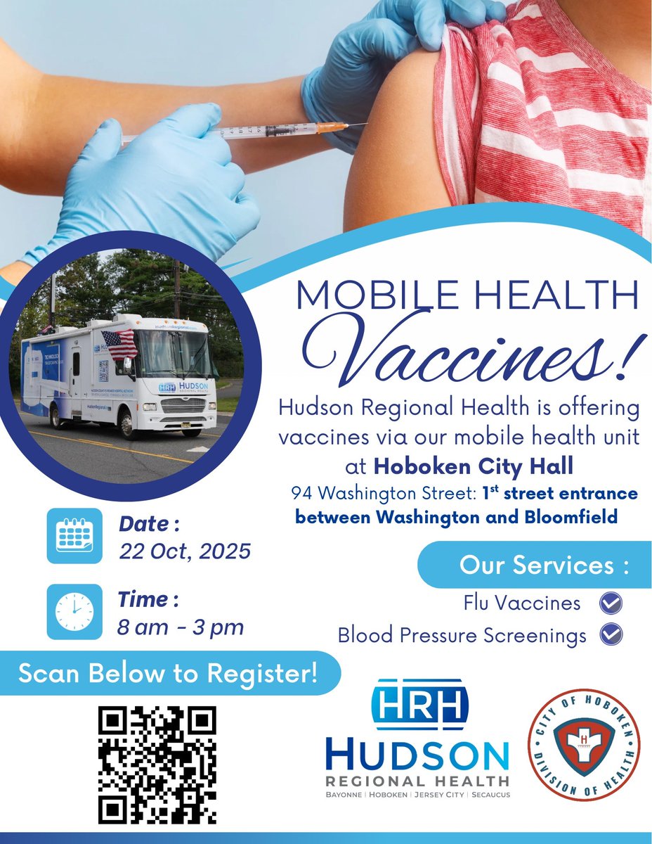 💉 <a href="/CityofHoboken/">City of Hoboken</a>, <a href="/HobokenHealthNJ/">HobokenHealthDivision</a> &amp;  <a href="/HudsonRegional/">Hudson Regional Hospital</a> Health are co-hosting a mobile flu vaccine clinic &amp; blood pressure screenings next Wed. 10/22 from 8 am to 3 pm outside City Hall.
🔗For more info &amp; to make an appointment: QR code below or click here:
local.nixle.com/alert/11936409…