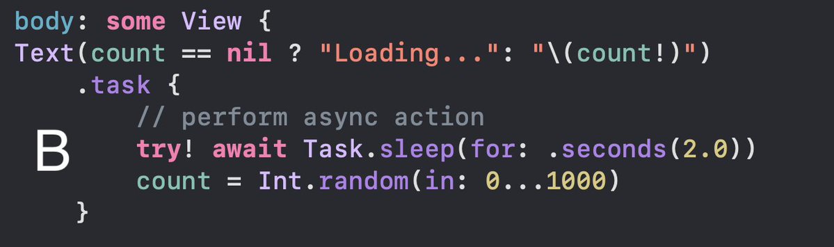 azamsharp's tweet image. Which technique will you use to show the value of count when available else show loading message?
* You are not allowed wrap the Text in any other view.
* If you have better solution then write in comments.
#SwiftUI