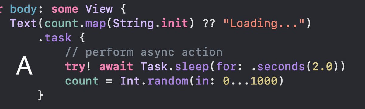 azamsharp's tweet image. Which technique will you use to show the value of count when available else show loading message?
* You are not allowed wrap the Text in any other view.
* If you have better solution then write in comments.
#SwiftUI
