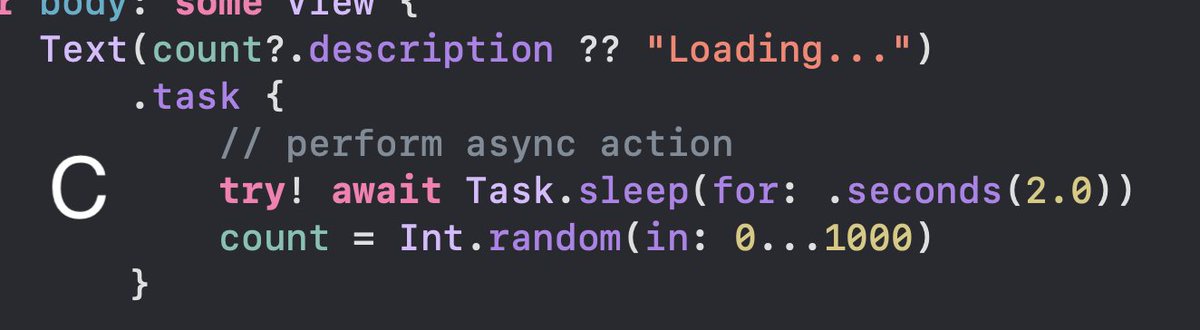 azamsharp's tweet image. Which technique will you use to show the value of count when available else show loading message?
* You are not allowed wrap the Text in any other view.
* If you have better solution then write in comments.
#SwiftUI