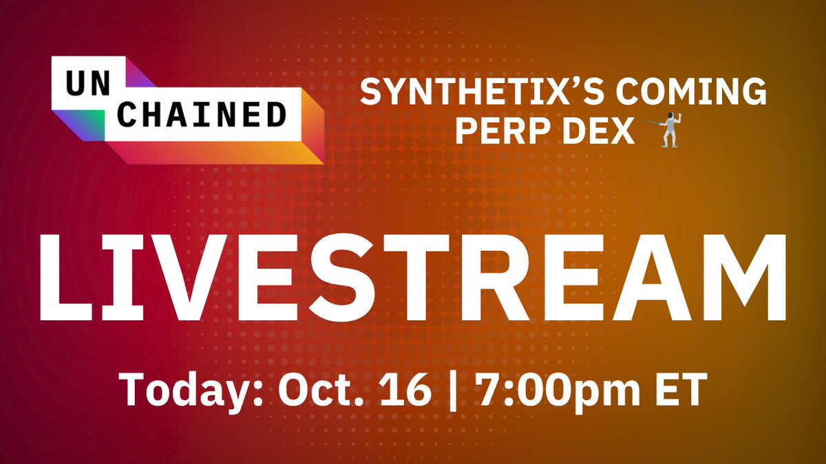 Tune in at 7pm ET / 4pm PT for Unchained's 2nd livestream today: <a href="/kaiynne/">kain.crates</a> is joining me to discuss big news from <a href="/synthetix_io/">Synthetix ⚔️</a>!

📺 You can watch right here on X, or on PumpFun, Twitch, or YouTube!