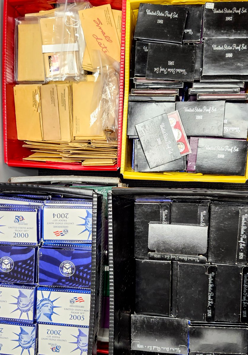 Coin_HuntersLLC's tweet image. #Proofset INVASION!!! Boxes on boxes on boxes just landed, and these beauties are heading straight for our upcoming #auctions! From shiny 50's classics to modern masterpieces! 
Which year are you hoping to snag? 👀💰 
.
.
#CoinCollectorsDream #boxesgalore #onlineauction