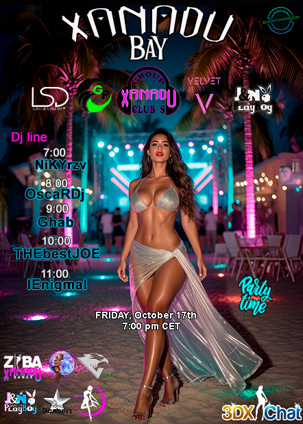 🌴 ＸＡＮＡＤＵ™ 》ＢＡＹ《
Beach lights, hot beats, and waves of rhythm.
Friday 7:00 pm CET at <a href="/3dxchat/">3DXChat</a>.
Feel the heat, move with the groove, and let the night take you.
#Xanadu #Bay #3DXChat #Party #Dance #House