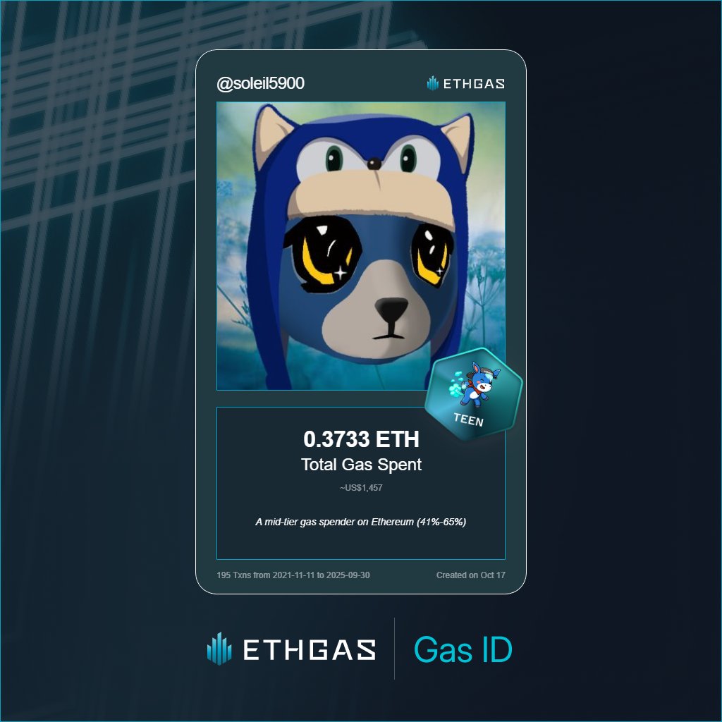 Discovered my Gas ID via ETHGas - turning my gas spend into rewards 🫘

As a Teen Jack, I've spent 0.3733 ETH on gas but earned 120 Beans back.

Get your Gas ID and Beans here: ethgas.com/community/gas-…