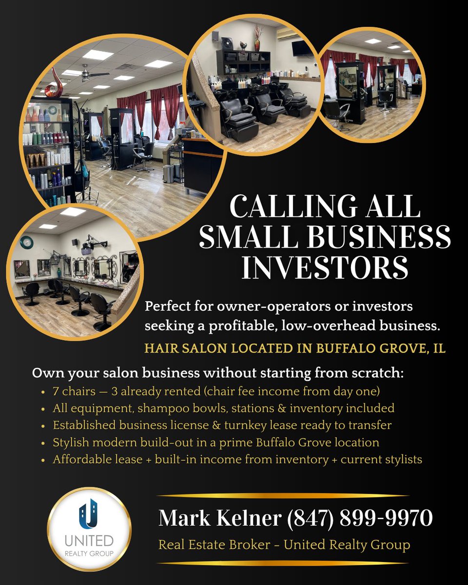 Turnkey salon in #BuffaloGroveIL💇 7 chairs, 3 rented = instant income. Own your biz without starting from scratch. <a href="/agentkelner/">Mark Kelner</a>