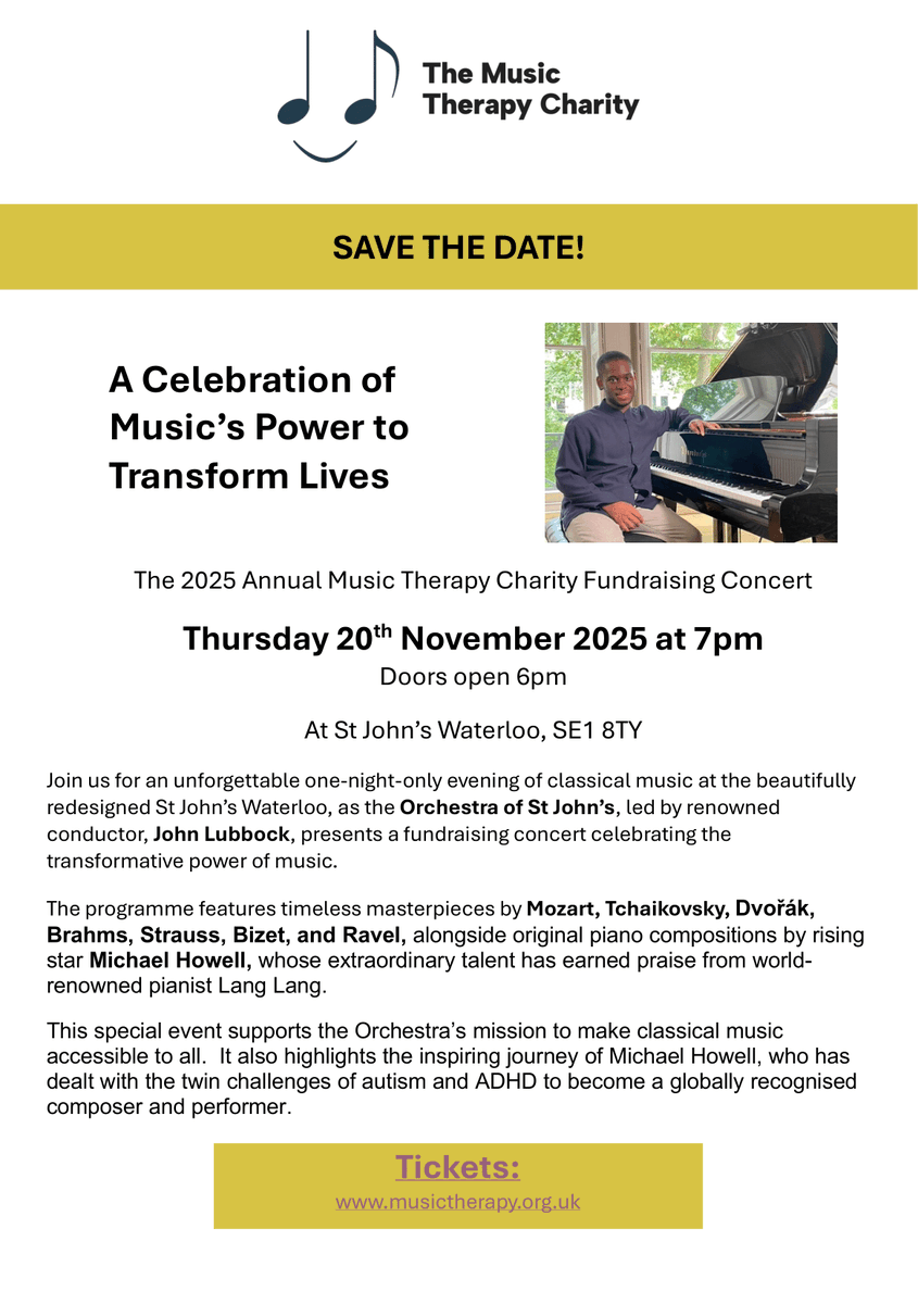osjevents's tweet image. 🎶 Join us for a celebration of music’s power to transform lives. A special one-night-only concert, led by John Lubbock and featuring rising young star @_MichaelHowell_. All in support of making music accessible to all. @MusicTherapyCha

🎫 musictherapy.org.uk/events/a-celeb…
