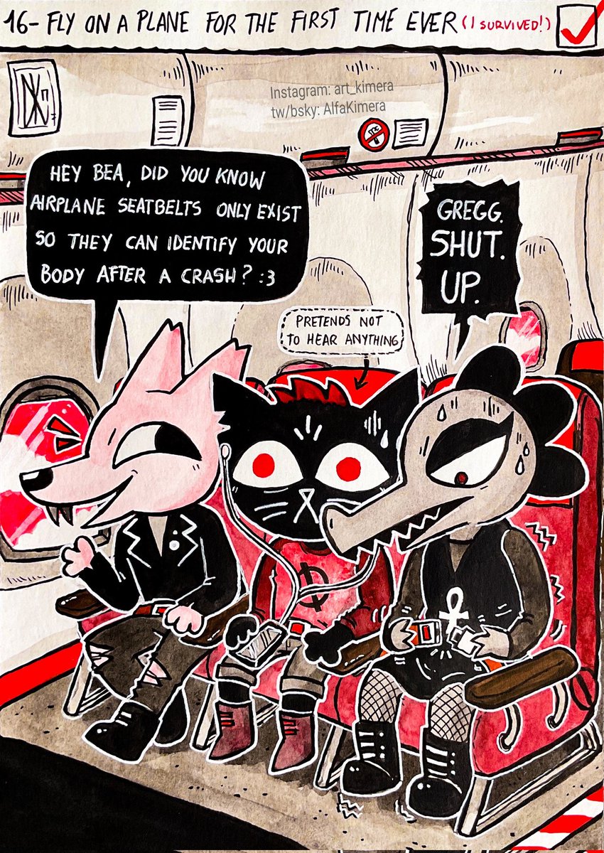 AlfaKimera's tweet image. #Maetober2025 day 16: Plane
&quot;Fly on a plane for the first time ever (I survived!)&quot; ✈️🧳

#nitw #nightinthewoods #maetober #drawtober #art #furryart #furry