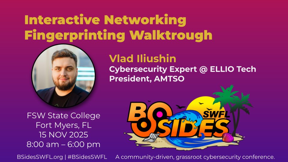 BSides_SWFL's tweet photo. 🔦Workshop Spotlight: Interactive Networking Fingerprinting Walkthrough with Vlad Iliushin. 

Capture TLS handshakes, compare JA3 vs JA4, try p0f and MuonFP, and build BPF rules to spot scanners and tunnels. 

📍 Fort Myers 🗓️ Nov 14–15 🎟️ https://t.co/ukzmbjWu1Z #Cybersecurity https://t.co/pbiPU71xhi