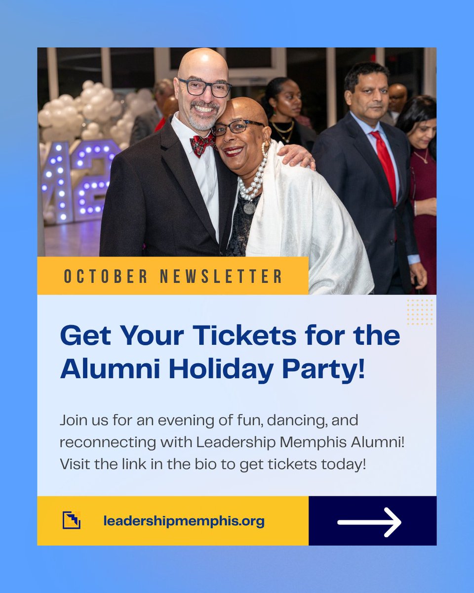 VolunteerMEM's tweet photo. Visit the October Newsletter Link in our bio to learn more about our upcoming Alumni Holiday Party on Tuesday, December 16th. 
#LeadershipMemphis https://t.co/hgeSUW9GL2
