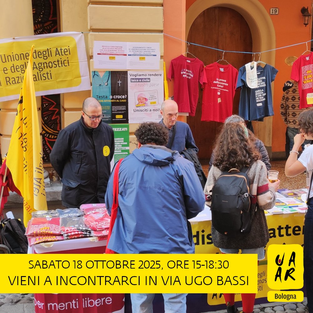 Sabato 18 ottobre ore 15-18:30 tavolo informativo in via Ugo Bassi (civico 10/c). Info su ora alternativa e adozione libro di testo, #sbattezzo point, #8x1000, biotestamento, costi della chiesa, preti in corsia, funerali civili, petizioni comunali per una città più laica.