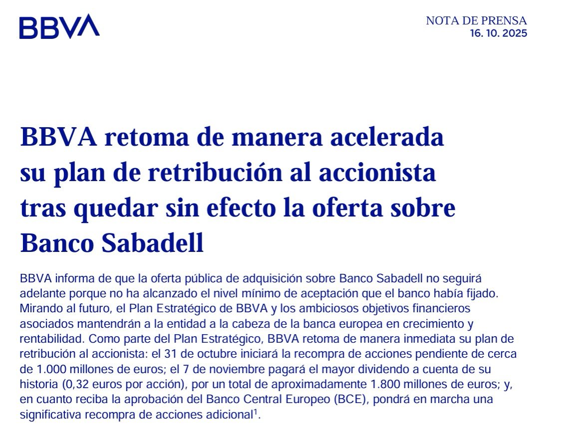 El BBVA retira oficialment l’opa al Sabadell i destinarà els diners a pagar dividends als seus accionistes