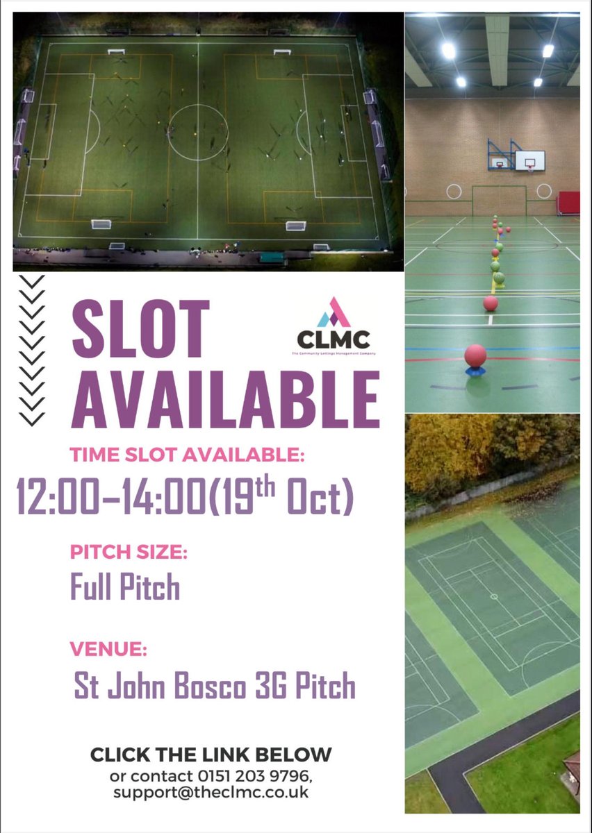 TheCLMC's tweet image. ⚽️ PITCH ALERT!
📅 Half Pitch – 18th Oct (13:00–15:00)
📅 Full Pitch – 19th Oct (12:00–14:00)
🏟️ @SJB3GPitch, Croxteth
Don’t miss your chance to play! 💪
👉 Book now: [sjb.schoolhire.co.uk]
#Liverpool #3GPitchHire #CommunitySport