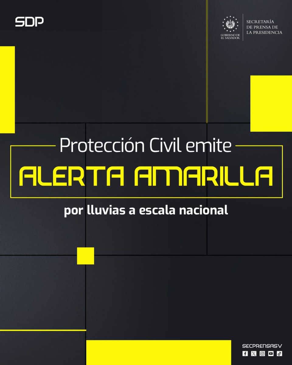 SecPrensaSV's tweet photo. #AlertaAmarrilla | El Gobierno del Presidente @nayibbukele sigue atento a los fenómenos naturales que influyen en las condiciones del tiempo, a fin de proteger la vida de los salvadoreños.

Hoy, @PROCIVILSV emite alerta amarilla por lluvias, a escala nacional, y deja sin efecto la alerta naranja. Asimismo, informa que seguirán presentándose precipitaciones, desde horas del mediodía. #SecretaríaDePrensa