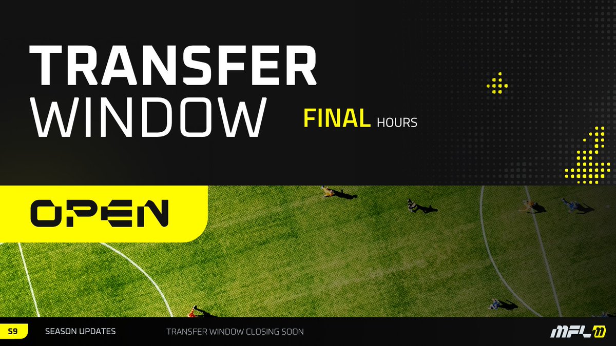 playMFL's tweet image. The Transfer Window closes soon!
Final hours to secure players and lock your squad up.
Deadline: 12pm CET, Friday 17th.