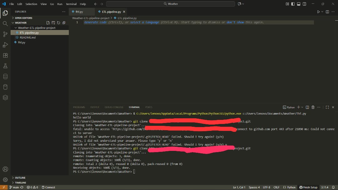 IwunzeIkenna's tweet image. Day 9 of learning Data Engineering 
Decided to start my first guided project which is an end to end ETL pipeline for weather data analysis.
What I did today was to create a GitHub repo, clone the repo on my local device and also got the API key for openweather
#dataengineering