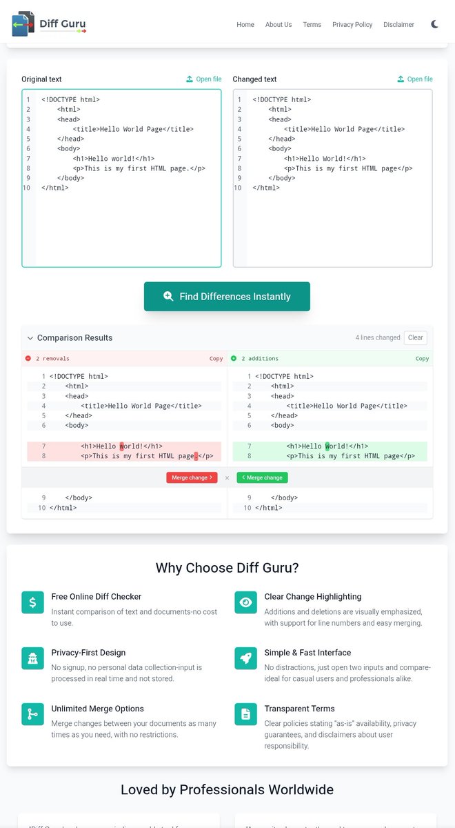 DiffGuru.com - a free online tool to compare text or code side-by-side, highlight differences, and merge changes effortlessly

✅ Privacy First
✅ Merge edits
✅ No sign-up. No tracking. Just pure productivity.
Try it  diffguru.com
#diffguru #Productivity