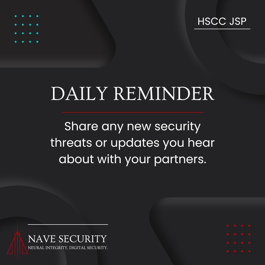 NaveSecurity's tweet image. 🔔 Share new security threats or updates with your partners for better collaboration under HSCC JSP. Nave Security supports proactive teamwork. 🏥🤝

#HSCCJSP #Cybersecurity #MedTech #NaveSecurity