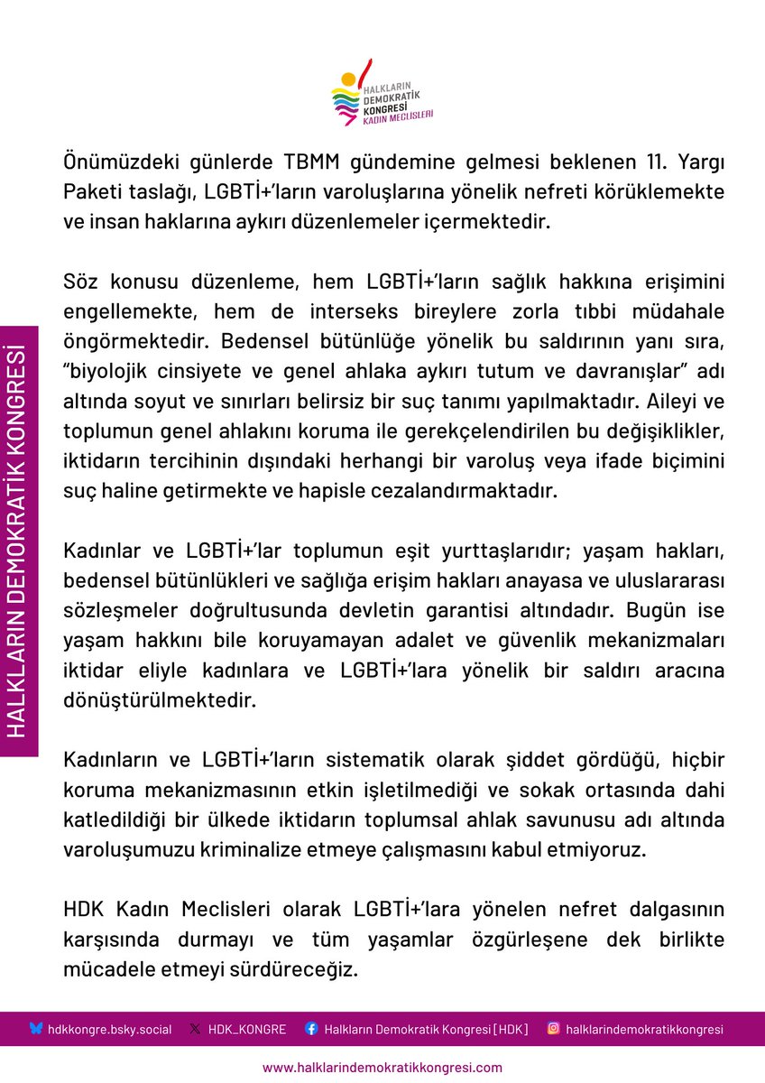 HDK Kadın Meclisleri olarak LGBTİ+’lara yönelen nefret dalgasının karşısında durmayı ve tüm yaşamlar özgürleşene dek birlikte mücadele etmeyi sürdüreceğiz.