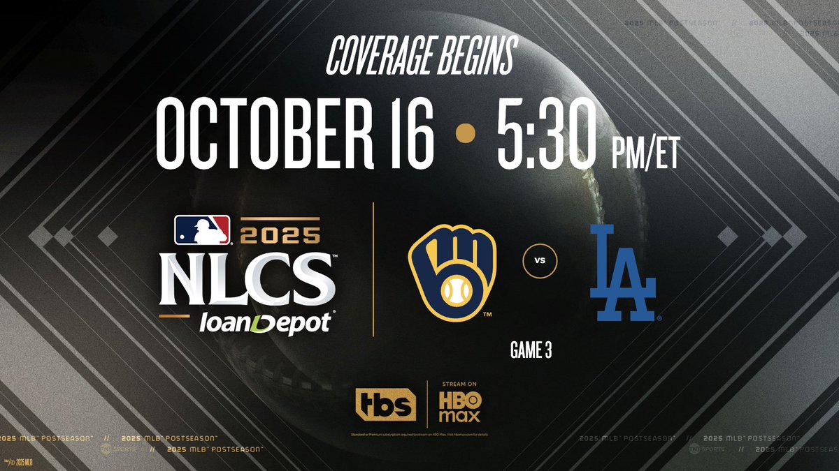 TNTSportsPR's tweet photo. Pivotal Game 3 of the NLCS — @Brewers and @Dodgers — coming up on TBS, truTV and HBO Max!

Pregame coverage starts at 5:30 p.m. ET with @45PedroMartinez, @cgrand3, @JimmyRollins11 &amp; @AdamLefkoe.

On the call is @BAndersonPxP, Ron Darling, @JeffFrancoeur &amp; @LaurenShehadi https://t.co/jJ0UJXqiiG