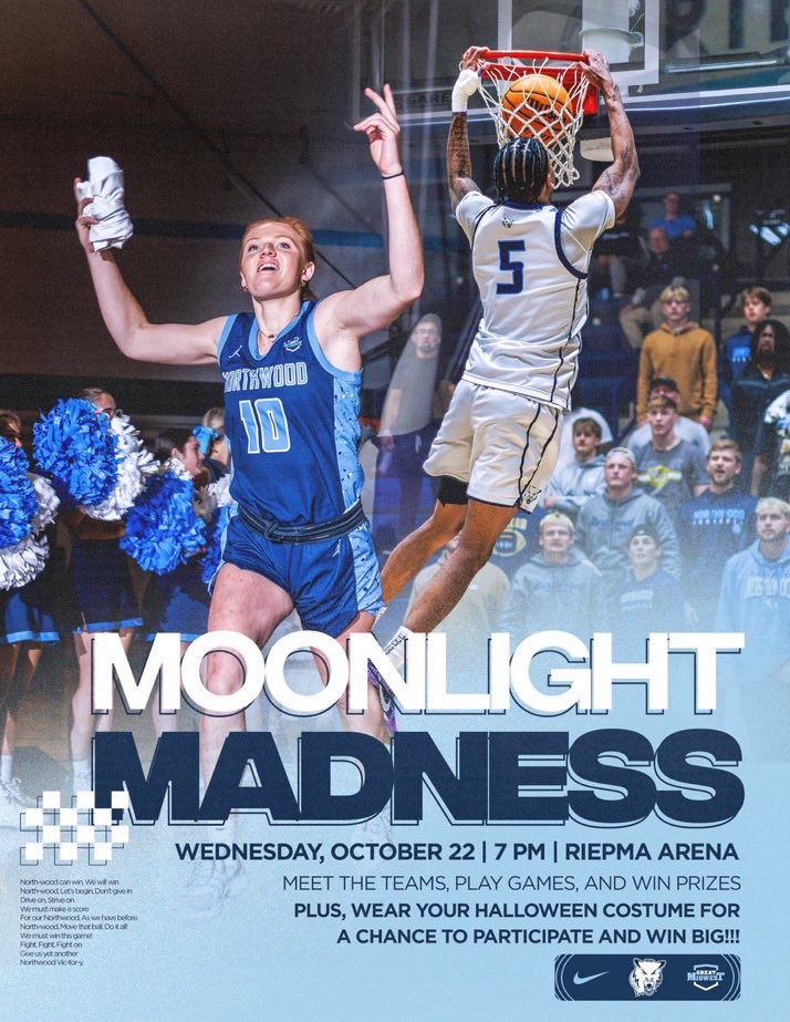 Mark your Calendars! NU Men &amp; Womens Basketball’s Moonlight Madness event is back!🐺🐺🐺
Join us Wednesday, Oct. 22 at 7pm for a Dunk Contest, 3pt Contest, and a Skills Challenge. There will be a costume contest and prizes throughout! 
#OnTheHunt