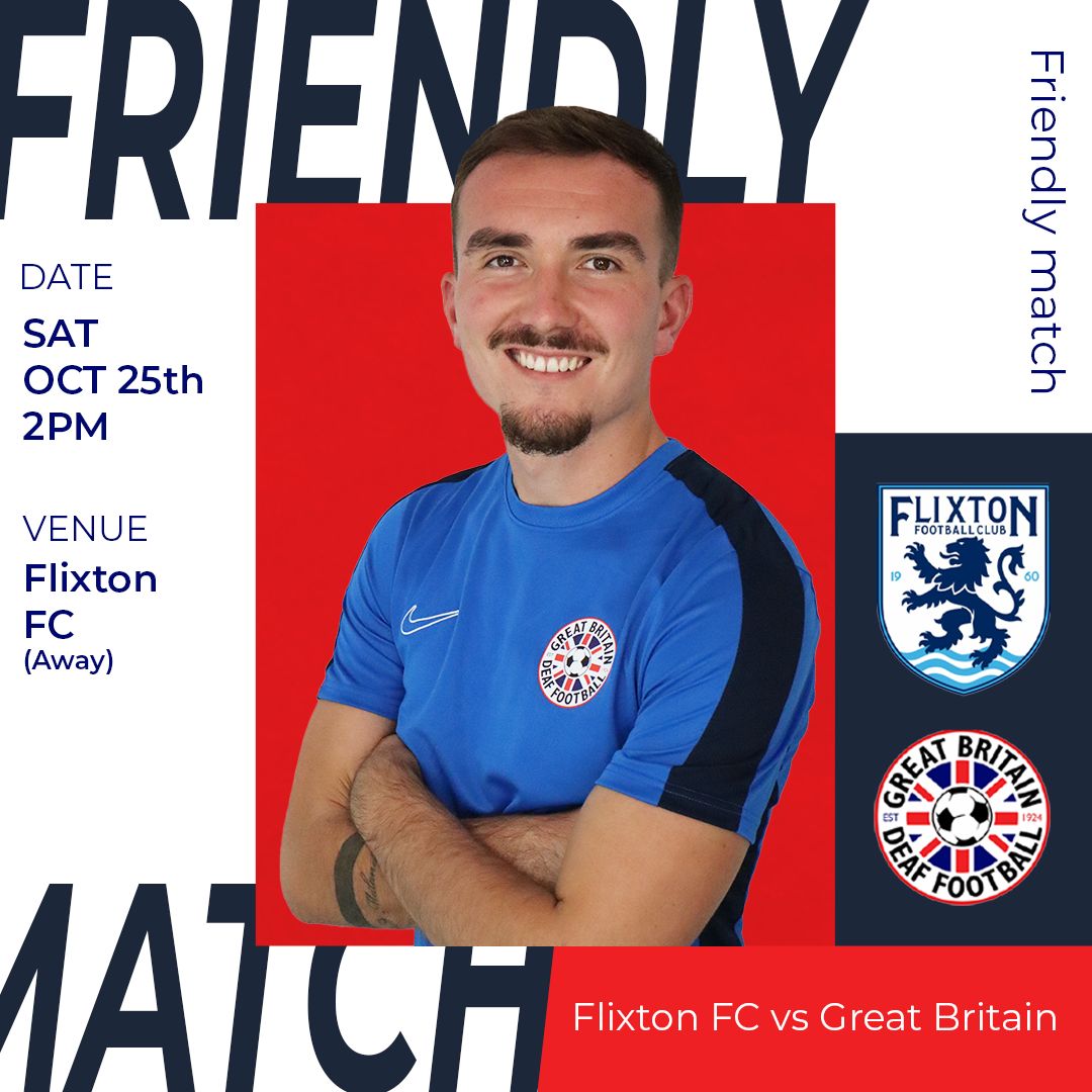 GBDeafFootball's tweet photo. ⚽ MATCHDAY FIXTURE ANNOUNCEMENT ⚽

@flixtonfcx 🆚 GB Deaf Men 
🗓 Saturday 25th October
⏰ Kick-Off: 2:00 PM
📍 Valley Road Stadium

We’re looking forward to continuing our preparations for the Deaflympics Games in Japan 🇯🇵 and we’re delighted to be visiting Flixton FC for what promises to be an exciting test for our GB Men’s team🔥

Admission is free for everyone - we’ll be encouraging spectators to donate at the gate - every contribution helps support GB Deaf Football’s journey to Japan.

Come down, show your support, and enjoy an afternoon of great football⚽️

#GBDF #DeafFootball #FlixtonFC #Deaflympics #GBMen #FootballFamily #SupportDeafSport #Matchday