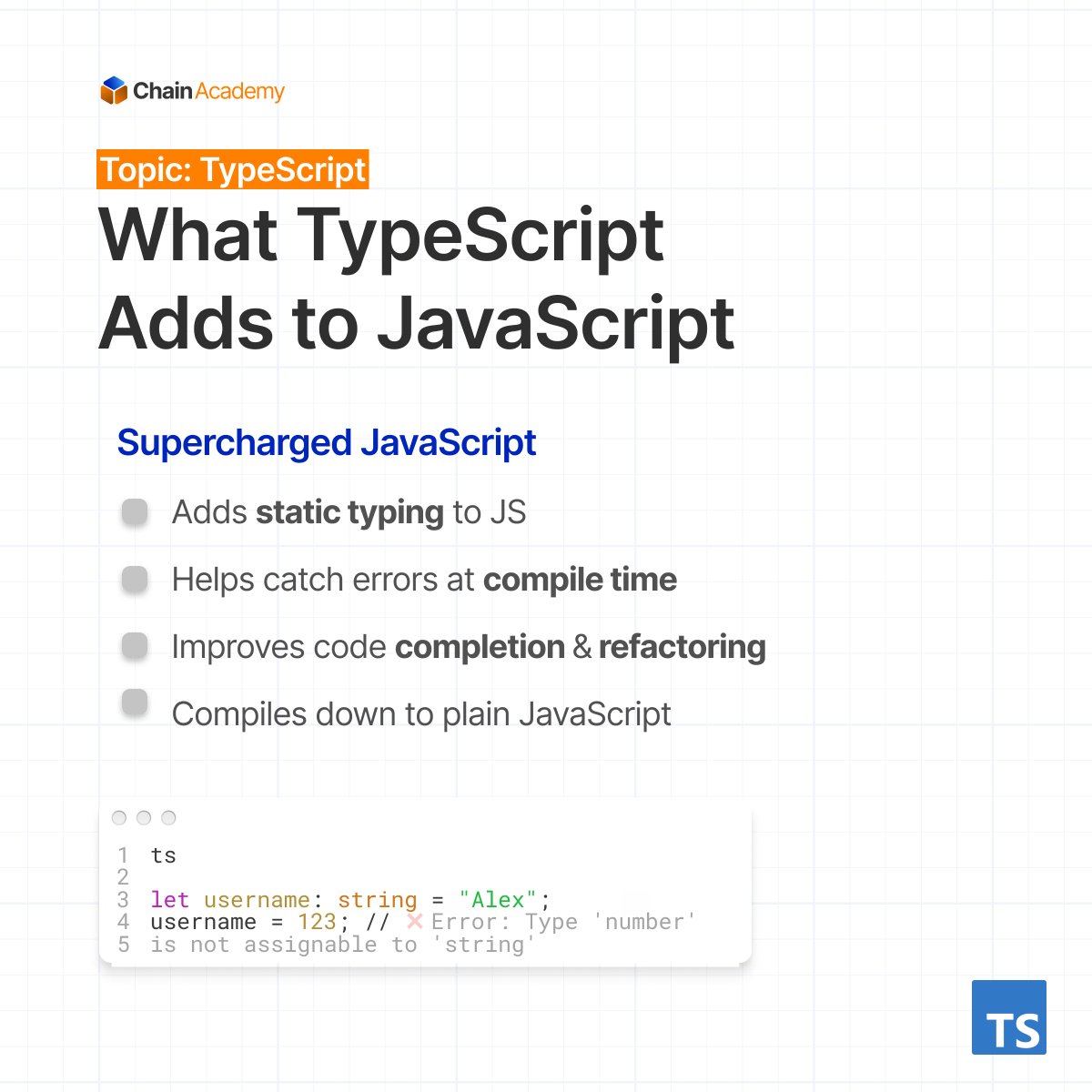 chainacademy_'s tweet image. If you're still writing plain JS, you're missing a game-changer. TypeScript makes code safer &amp; smarter with static types.
We break down the basics in this 4-part swipe-through.
#TypeScript #LearnToCode #ChainAcademy #LimitlessLearning