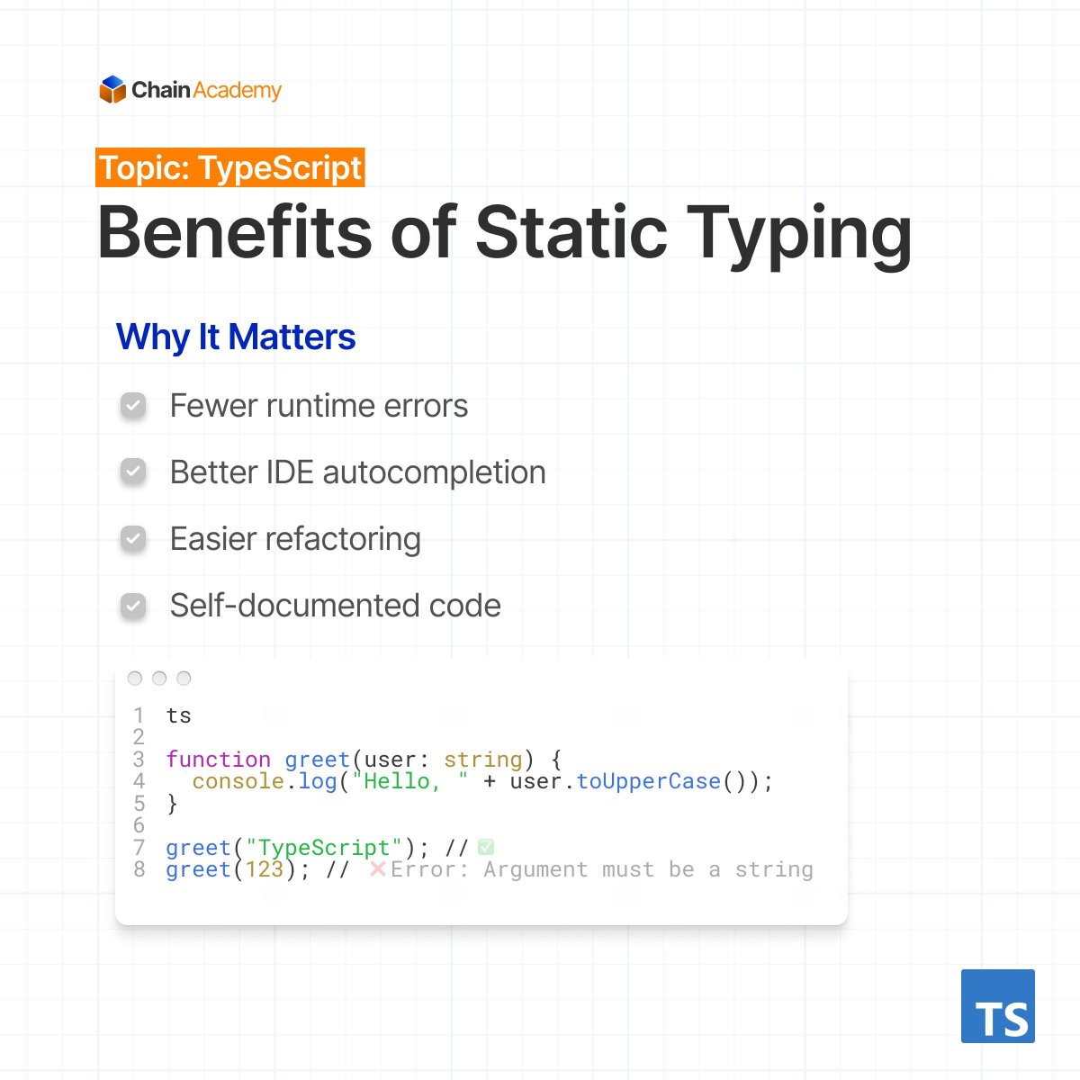 chainacademy_'s tweet image. If you're still writing plain JS, you're missing a game-changer. TypeScript makes code safer &amp; smarter with static types.
We break down the basics in this 4-part swipe-through.
#TypeScript #LearnToCode #ChainAcademy #LimitlessLearning