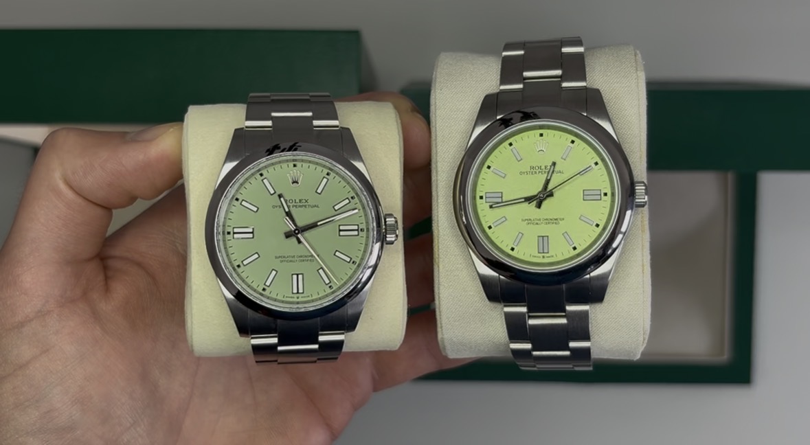 DELsneaks's tweet photo. Which one do you think is fake? My comparison is live on YouTube! Link: https://t.co/tUfOW7kdKD #rolex #op41 #pistachio #rolexop #oysterperpetual https://t.co/edXHbtv2yI