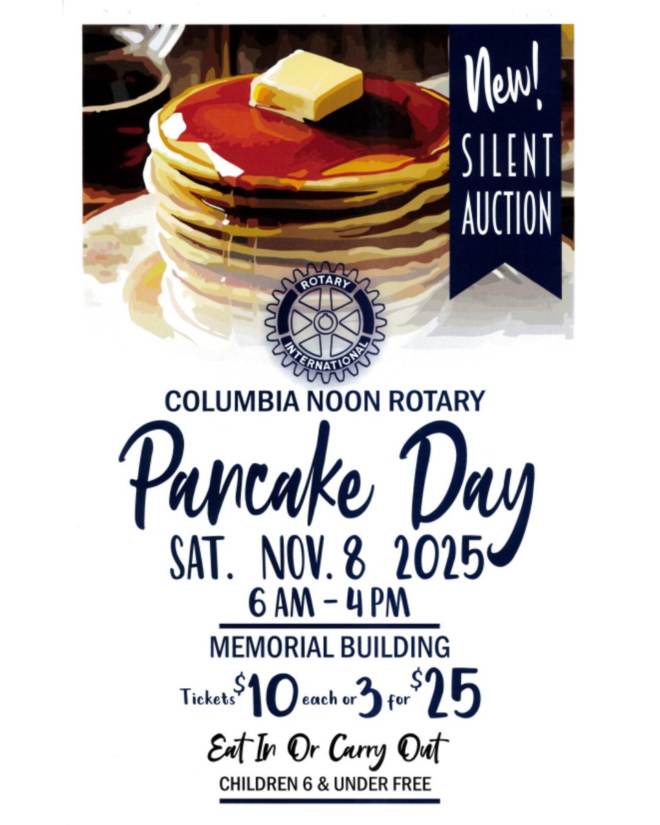 experiencemaury's tweet image. 🥞 Join us for the Columbia Noon Rotary Pancake Day on Saturday, November 8, 2025! Enjoy delicious pancakes from 6 AM to 4 PM at the Memorial Building.

Come share a meal and support our community! 🍴✨

📸: Columbia Noon Rotary 

#PancakeDay #ColumbiaRotary #ExperienceMaury