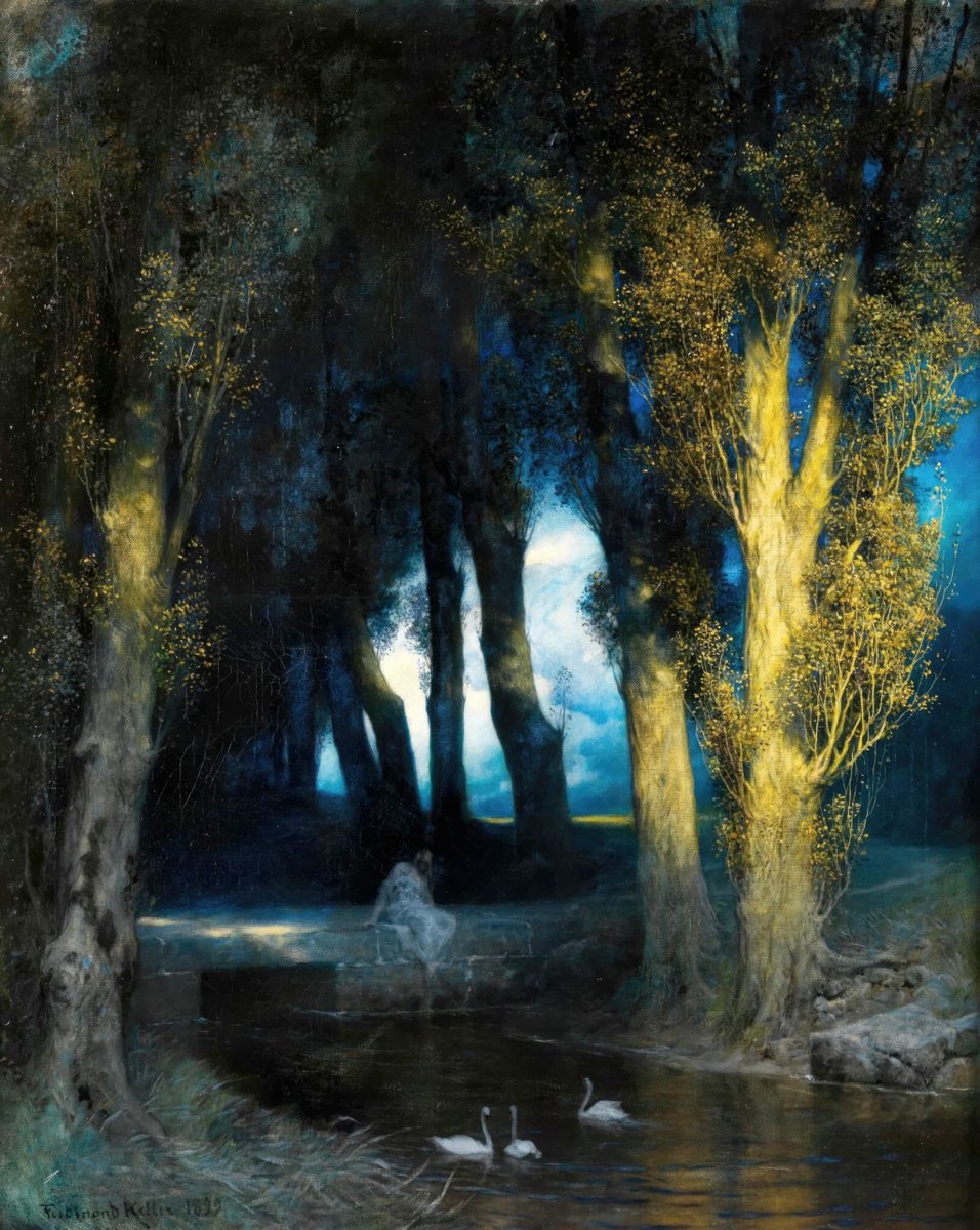 Pond with Swans at Dusk by Ferdinand Keller