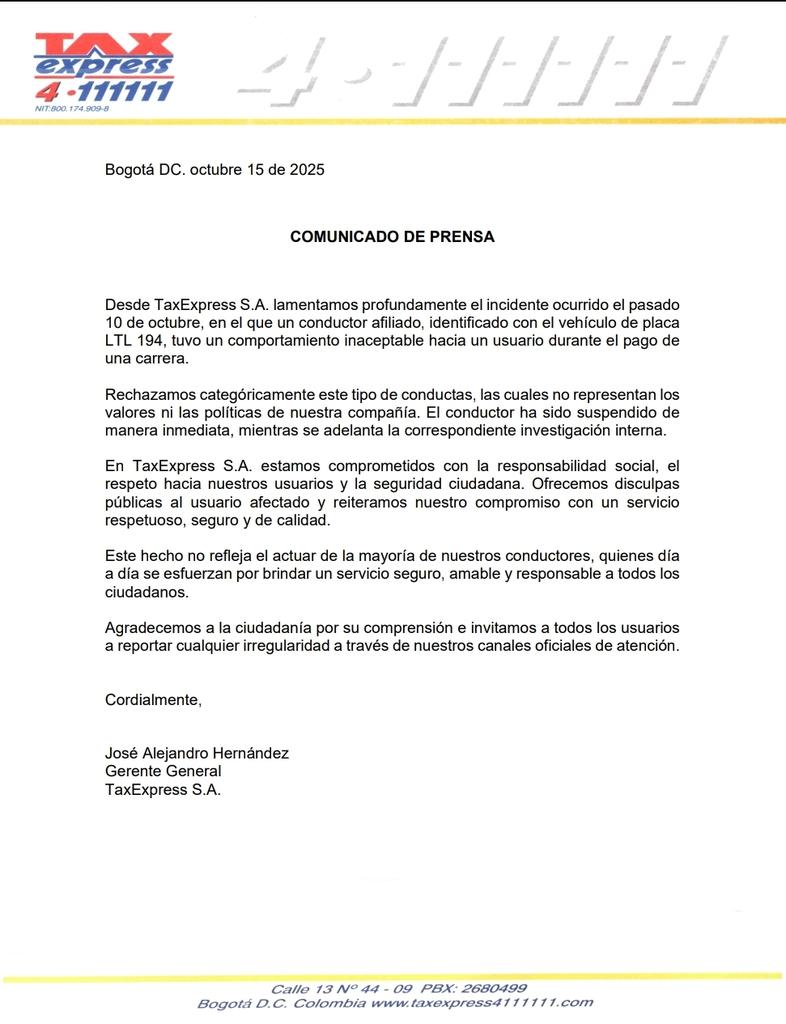 TaxExpressCol's tweet image. 🚕 En @taxexpresscol rechazamos categóricamente cualquier conducta que vulnere el respeto hacia nuestros usuarios.
Hemos tomado acciones inmediatas, incluyendo su suspensión mientras se adelanta la investigación interna.

Reafirmamos nuestro compromiso con un servicio seguro.