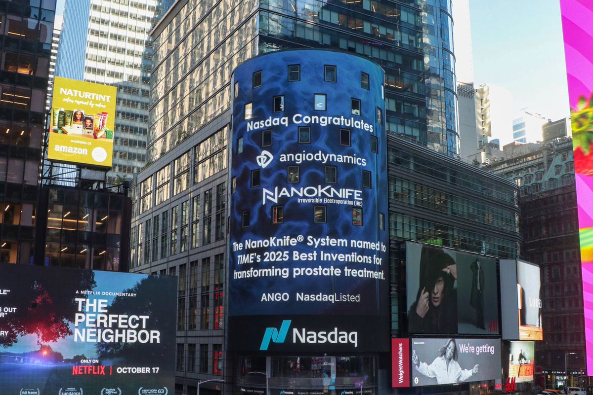 TheNanoKnife's tweet image. Yesterday, the @angiodynamics NanoKnife System lit up Times Square as NASDAQ celebrated our recognition as one of @TIME Best Inventions of 2025.

Thank you, @Nasdaq, for helping us share this exciting milestone with the world!

#NanoKnife #IRE #Urology #TIME

Risk Info:…