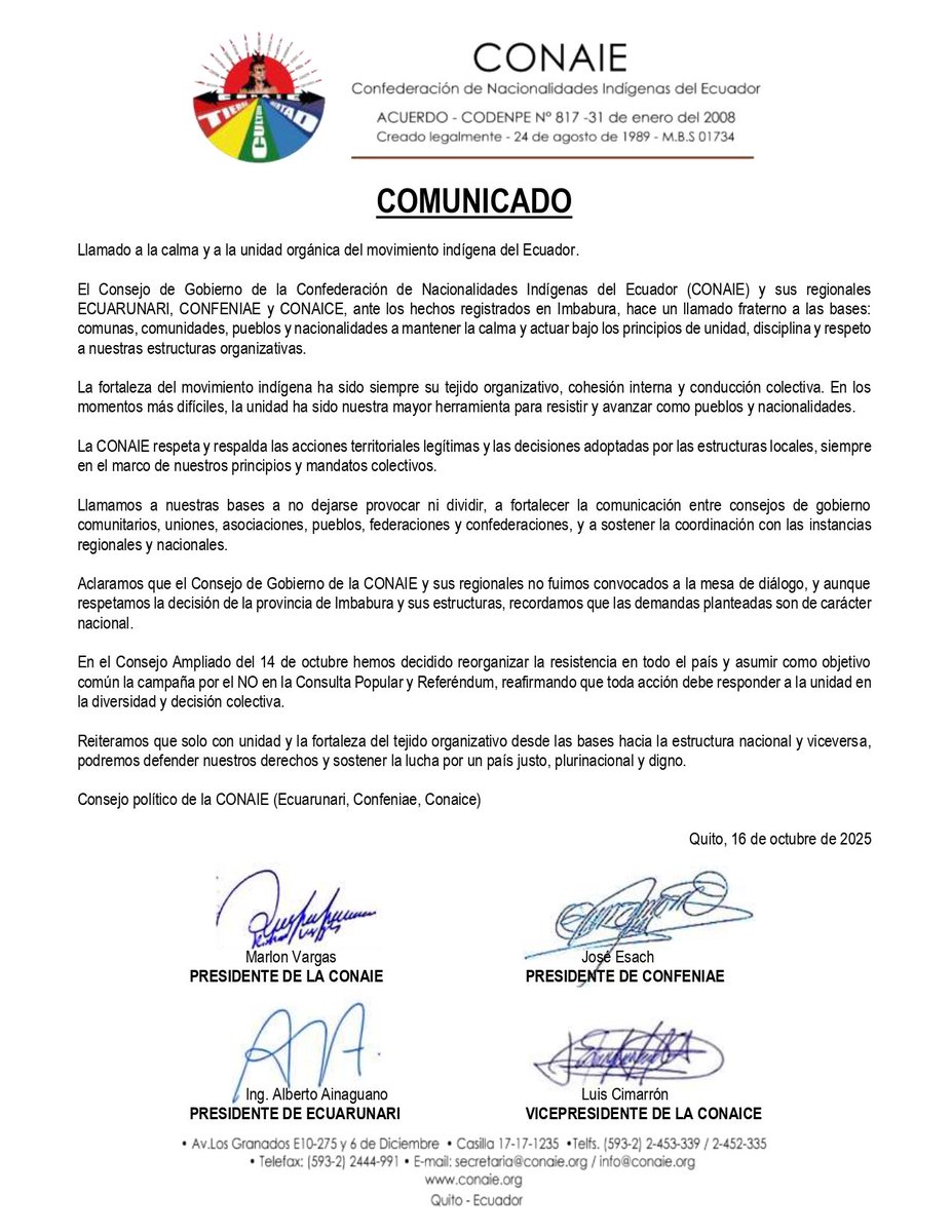 🇪🇨| La CONAIE desmiente rumores de un acuerdo para levantar el Paro Nacional 2025 y reafirma su resistencia. 

En un comunicado oficial, la Confederación de Nacionalidades Indígenas del Ecuador llamó a la unidad del Movimiento Indígena, instando a comunidades y pueblos a actuar