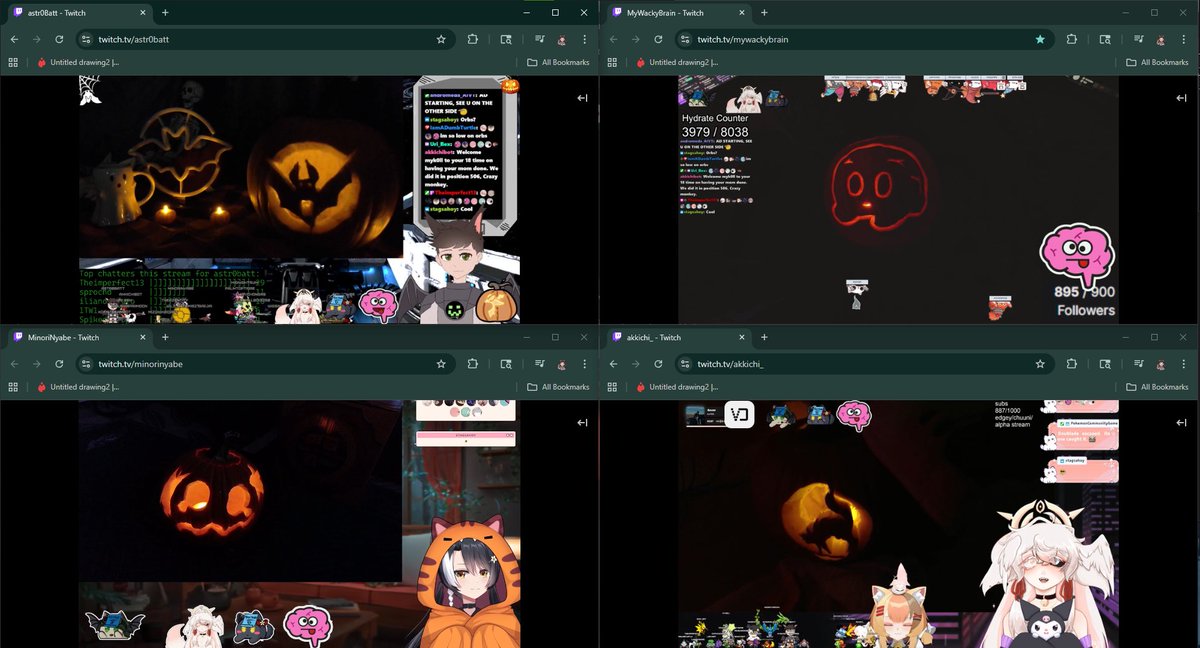 Did an irl pumpkin carving stream with <a href="/MyWackyBrain/">My Wacky Brain</a> <a href="/_akkichi/">aki 🌃🌸</a> <a href="/MinoriNyabe/">Minori Nyabe🐶🎀Corgi VTuber</a> yesterday and this is how our pumpkins turned out! :D

Me and <a href="/MyWackyBrain/">My Wacky Brain</a> did this last year, so I think it’s become a yearly tradition now!