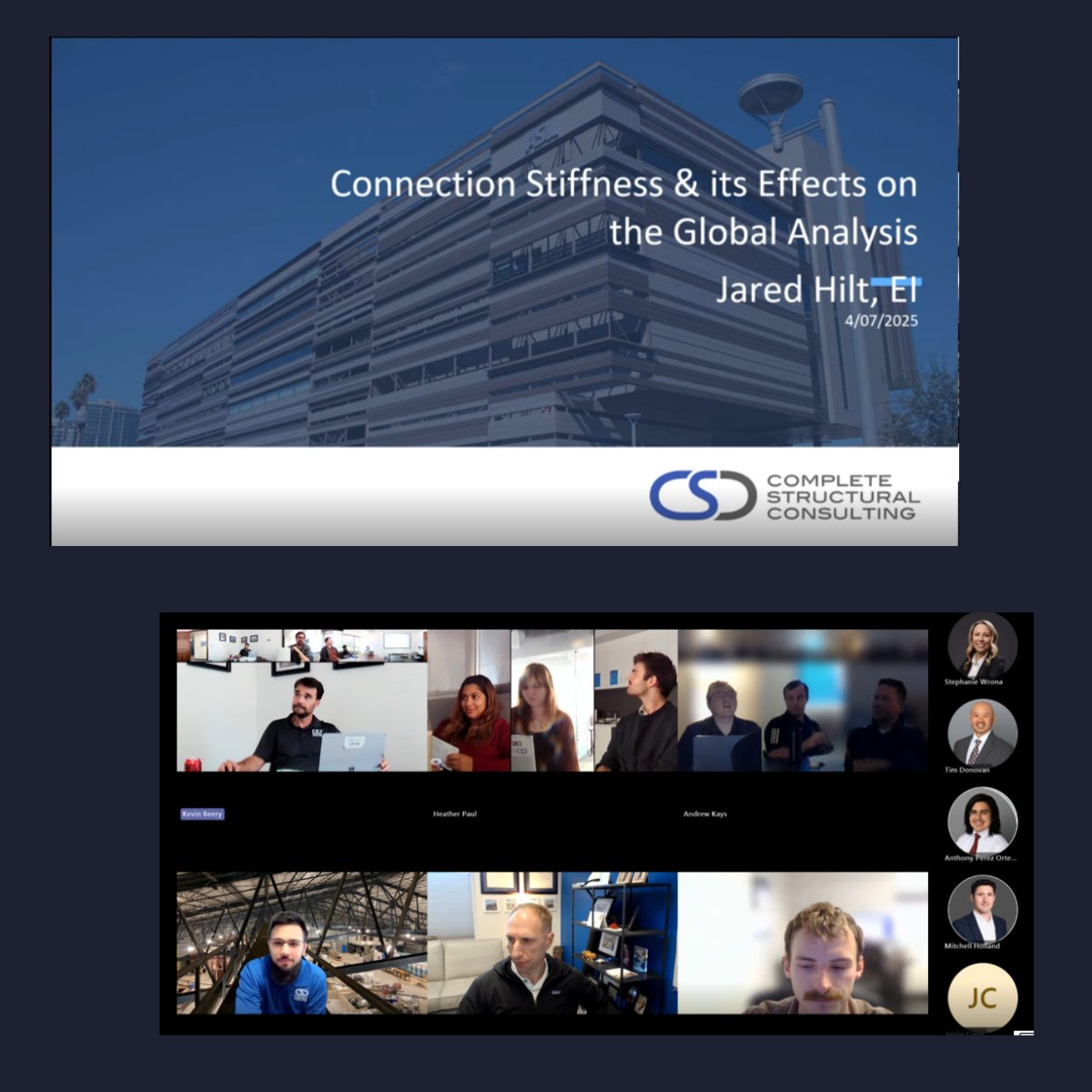 CompStructural's tweet image. Big thank you to Jared Hilt, EI, for an amazing Lunch &amp;amp; Learn on Connection Stiffness &amp;amp; its Effects on the Global Analysis! Always great when our team comes together to learn and inspire each other. #connectionstiffness #globalanalysis