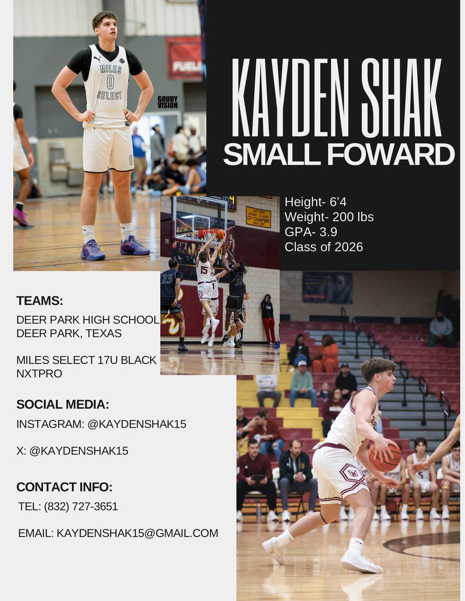 Kayden Shak | @kaydenshak15 | 6’4” | 2026 | Forward

💼Intangible / Leader who is focused, balanced, and never rattled. Shak plays with purpose and poise every possession.

🫡Always engaged &amp; sets the tone with composure. Tough mid-range scorer with smooth shot mechanics &amp; fluid
