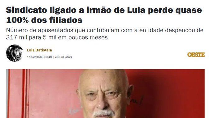 Image displays a close-up portrait of an elderly bald man with glasses and a serious expression against a solid red background on the right side. The left side features overlaid white text in Portuguese detailing a unions membership drop from 317 thousand to 5 thousand affiliates over months with labels like Luis Batista and date 10/2024 plus the word Oeste at the bottom.