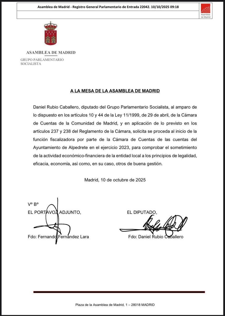 Tras reuniones con <a href="/PSOEAlpedrete/">PSOE Alpedrete</a> desde <a href="/gpsAsamblea/">Socialistas Asamblea Madrid</a> hemos comenzado a registrar iniciativas en la Asamblea de Madrid.  La primera, es la solicitud de fiscalización de la actividad económica a la vista de posibles irregularidades en contrataciones.