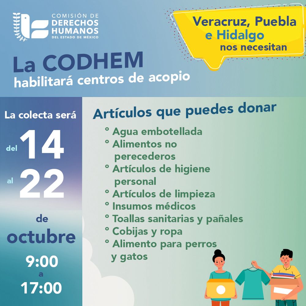 🤝🏼✨ La #CODHEM habilitó centros de acopio en el edificio Sede y en las 10 Visitadurías Generales 🏛️
🗓️ Hasta el 22 de octubre                                                                                                                            
👉 codhem.org.mx/#visitadurias
