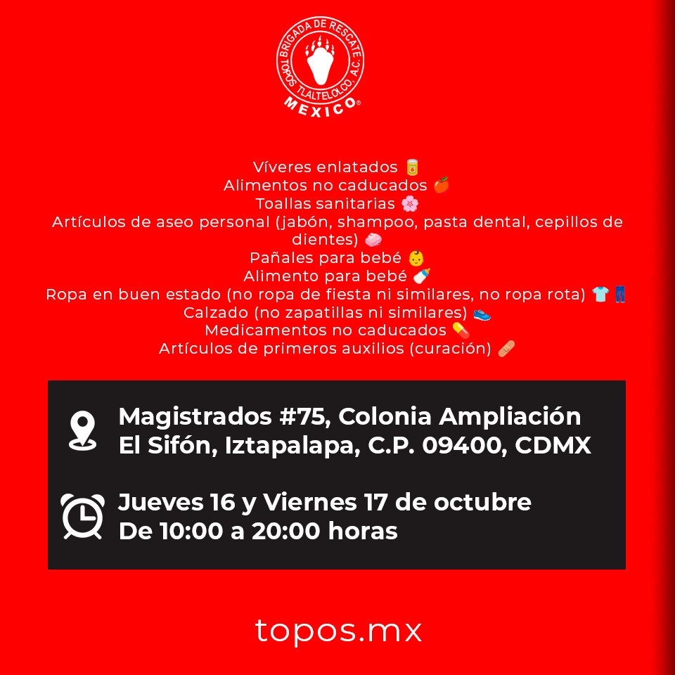 Acerca de los sucesos en Veracruz y Puebla:

Debido a las fuertes lluvias e inundaciones que se intensificaron a partir del 9 de octubre, la Brigada de Rescate Topos Tlaltelolco A.C. está activando un Centro de Acopio 📦 para apoyar a las personas afectadas. ¡Tu ayuda es