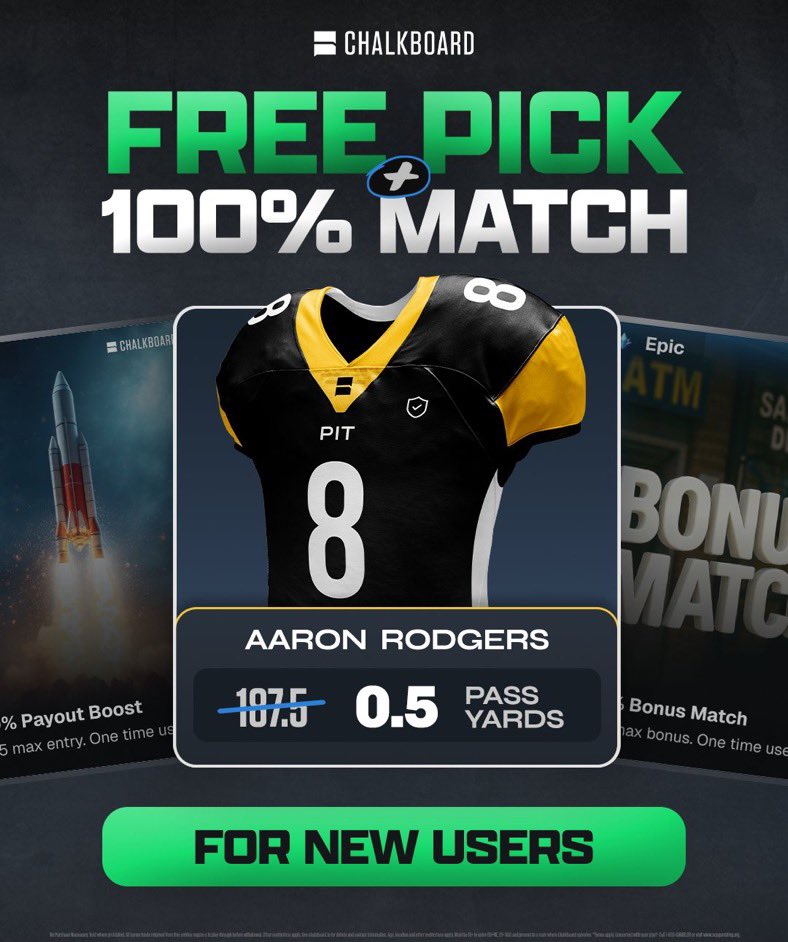Chefparlay's tweet photo. FREE PICK + 100% MATCH 💰
New users tap in — take the free square &amp; start your run.
🏈 Aaron Rodgers o0.5 passing yard = FREE CASH.
Use my link 🔗 [https://t.co/NIzmyQRvHg]
#SportsForecast #ChefParlay #Chalkboard https://t.co/Y3sT4d7d5Z