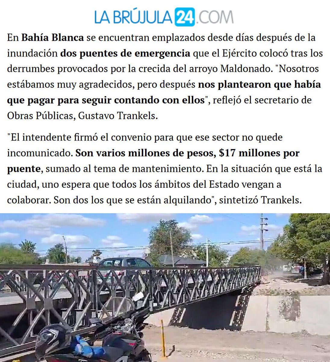 "Bahía Blanca":
Porque informan que el Gobierno Nacional le cobra el alquiler de dos puentes de emergencia colocados tras las inundaciones