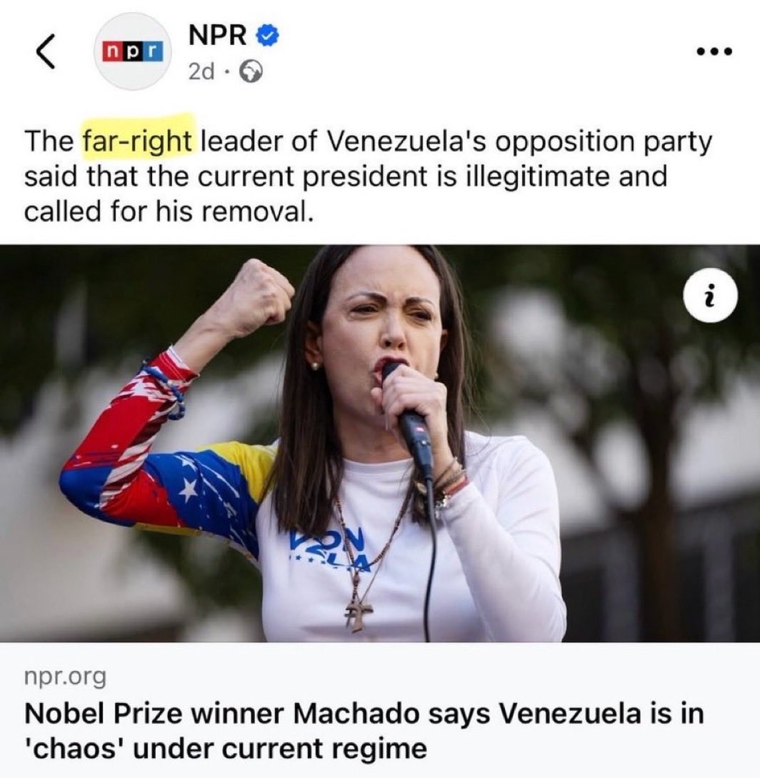 iamGermania's tweet image. Many who are blinded by their Democracy Privilege judge Maria Corina for allying herself with Trump. 
They won’t support Venezuelan democracy because hating Trump matters more. 
The fact that a liberal institution like NPR calls Machado “far-right” is an example why she and…